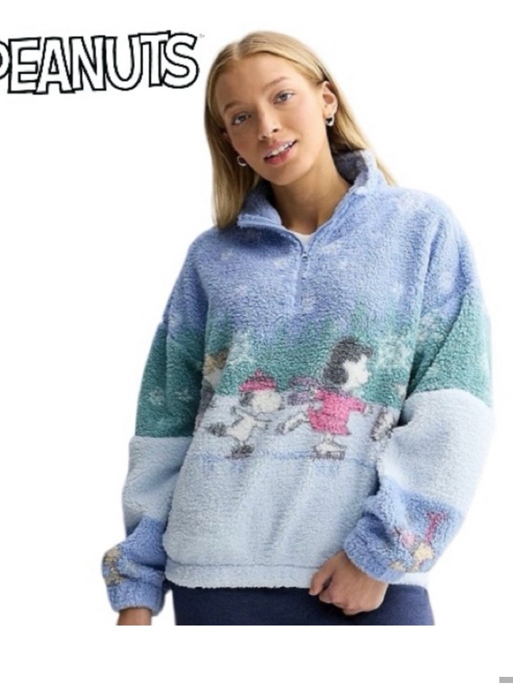 Peanuts Sherpa Pullover in Light Blue and Teal with Character Graphic